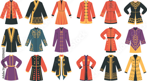 Traditional clothing collection, ethnic coats, cultural outfits, embroidered robes, folk fashion, heritage garments, colorful traditional wear, cultural costume, ethnic attire design illustration