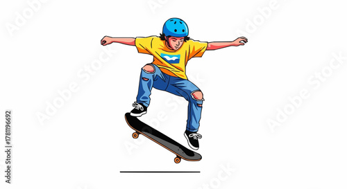A skateboarder in mid-air performing a trick.