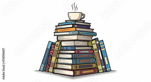 Stack of books and cup of coffee.
