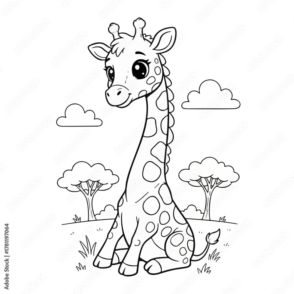 Fototapeta premium Cute Cartoon Giraffe Outline Vector for Kids Coloring Book