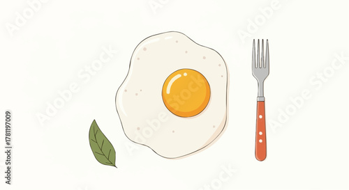 Fried egg with fork and leaf.