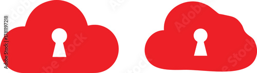 Red cloud icons with keyhole symbols representing cloud security and access on white lock