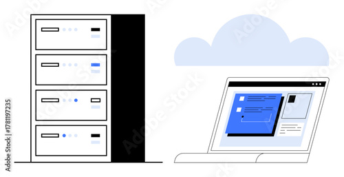 Server rack connects with a laptop displaying online data in a cloud environment. Ideal for cloud storage, networking, data management, IT solutions, online access, web hosting, simple flat metaphor