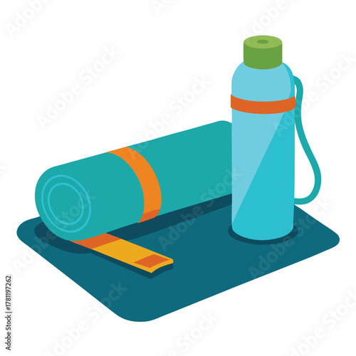Yoga mat with a water bottle and towel.