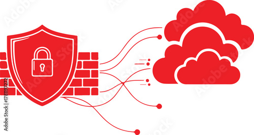 Red shield with padlock and brick wall connected to cloud icons via lines on white background