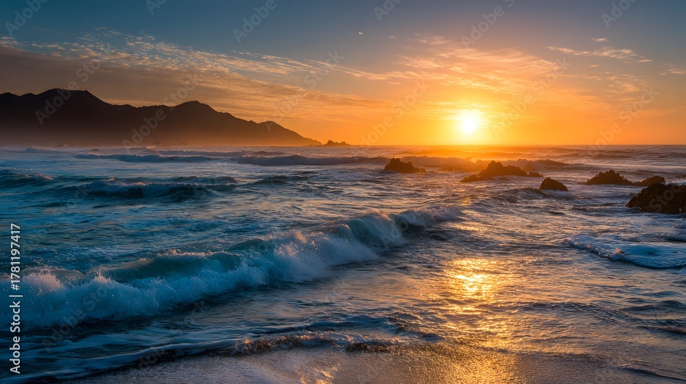 Obraz premium Brilliant sun dips below the horizon over rugged coastline and churning ocean waves