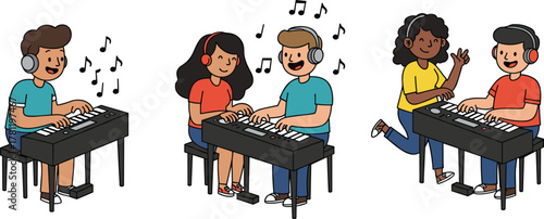 Cartoon characters playing keyboards, vector music illustration, collaborative performance scene, cheerful musicians, headphone users, musical notes, digital art, learning concept