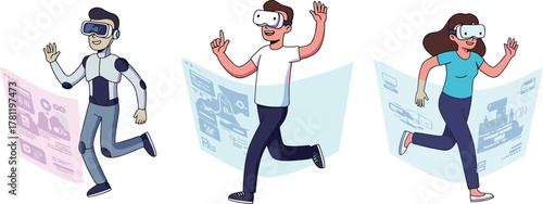 Cartoon characters running in VR, vector virtual reality illustration, immersive digital experience, futuristic simulation, tech training, entertainment, social interaction