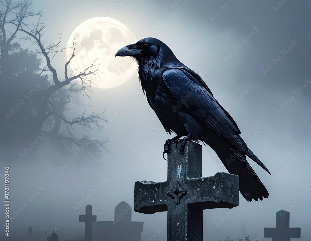 Fototapeta premium Raven Perched on Grave Marker Under Moonlight in Eerie Setting