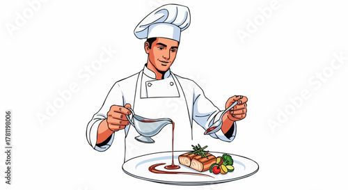 Chef garnishing food in a culinary setting.