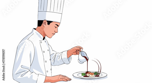 Chef adding sauce to a dish.