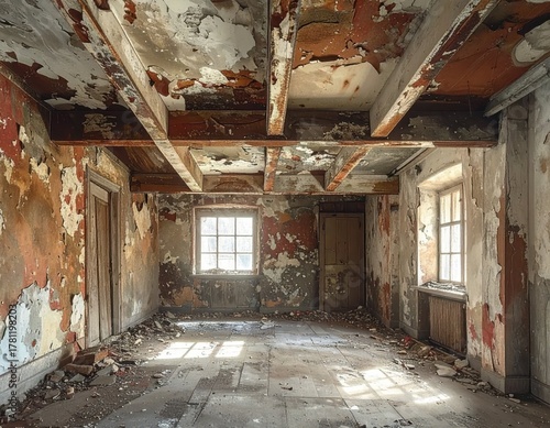 Abandoned Room with Peeling Paint and Distressed Wooden Beams