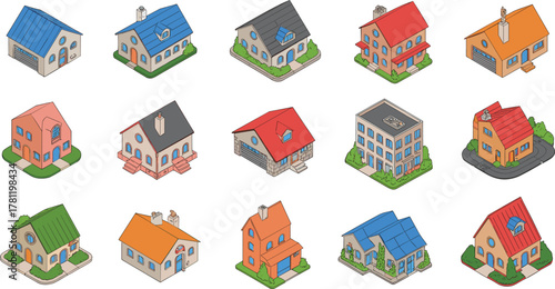 Isometric house collection, modern residential architecture, 3D home design, suburban building illustration, creative housing concept, architectural visualization, urban planning art
