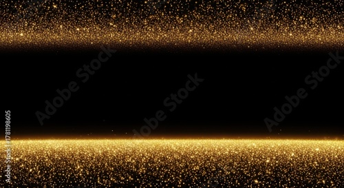 Golden glitter particles on black background with copy space for text creating a luxurious and festive backdrop