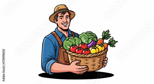 Farmer holding fresh produce basket.