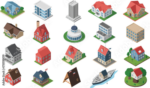 Isometric building illustration, modern and classic architecture collection, residential and commercial structures, 3D city design, architectural visualization, urban planning concept