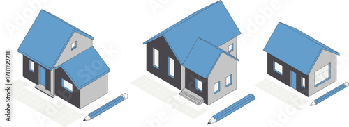 Isometric modern house illustration, 3D architectural design, creative home models, minimalist construction art, blueprint visualization, architecture concept, pencil drawing tools, modern building
