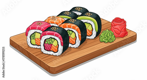 Sushi rolls served on a wooden board.
