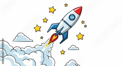 Rocket soaring through the stars and clouds.