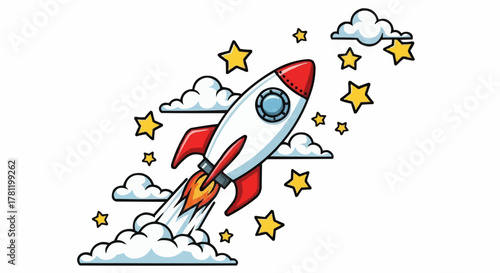 Rocket ship soaring among the stars and clouds.