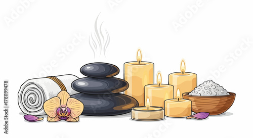 Spa therapy elements with stones and candles.