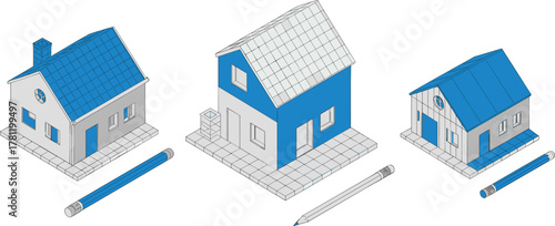 Isometric house illustration, modern architecture design, 3D home models, creative building concept, blueprint visualization, minimalist style, construction art, pencil drawing tools