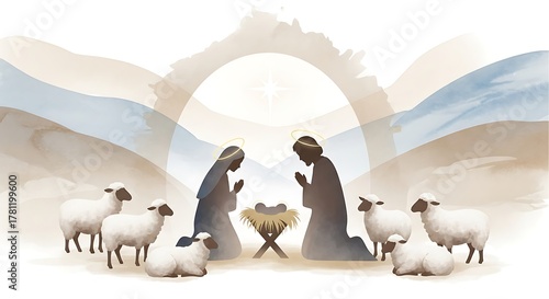 Photo of nativity scene illustration with silhouettes of mary and joseph kneeling by baby jesus in a manger, surrounded by sheep