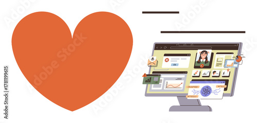 Orange heart beside computer screen with charts, messages, and email icons. Ideal for teamwork, communication, analytics, feedback, marketing digital engagement emotional branding. Simple flat