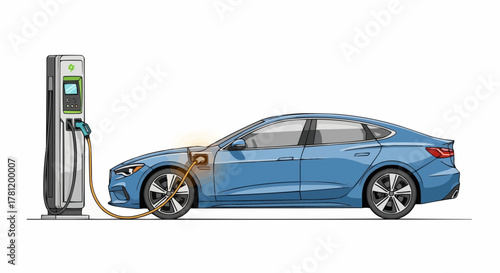 Electric vehicle charging at a station.