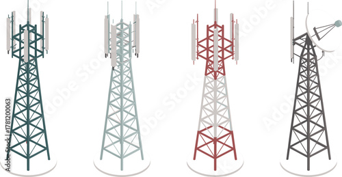 Telecommunication towers set with antennas and satellite dish, mobile signal network illustration, 5G communication infrastructure, wireless technology design, isometric style