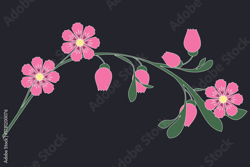 Delicate stem with pink flowers and buds on a dark background. Vector illustration for embroidery design, appliqué, wall decor, tiles