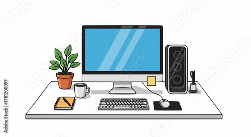 Workspace with computer and accessories.