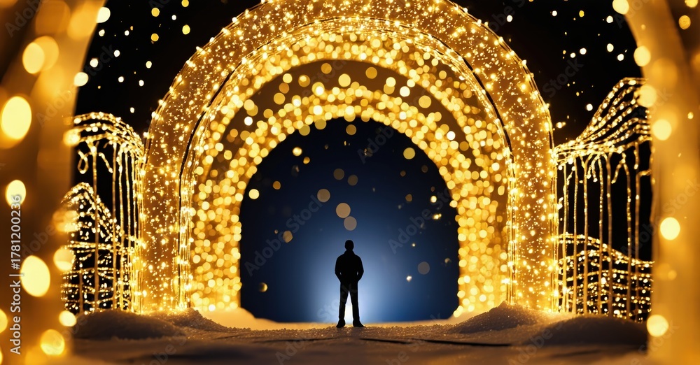 Fototapeta premium Silhouette stands beneath glowing archway. Lights create tunnel effect, winter scene, dark background, soft illumination. Peaceful, serene moment.