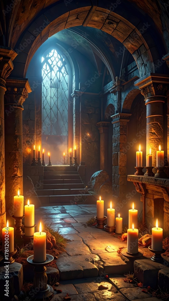 Fototapeta premium Enchanted Gothic Interior with Flickering Candles and Stone Walls