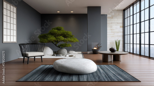 Tranquil japanese zen living room interior with tatami mats and shoji screens modern design minimalist environment