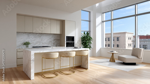 Bright modern kitchen with large windows and marble counter urban apartment interior design contemporary aesthetic appeal