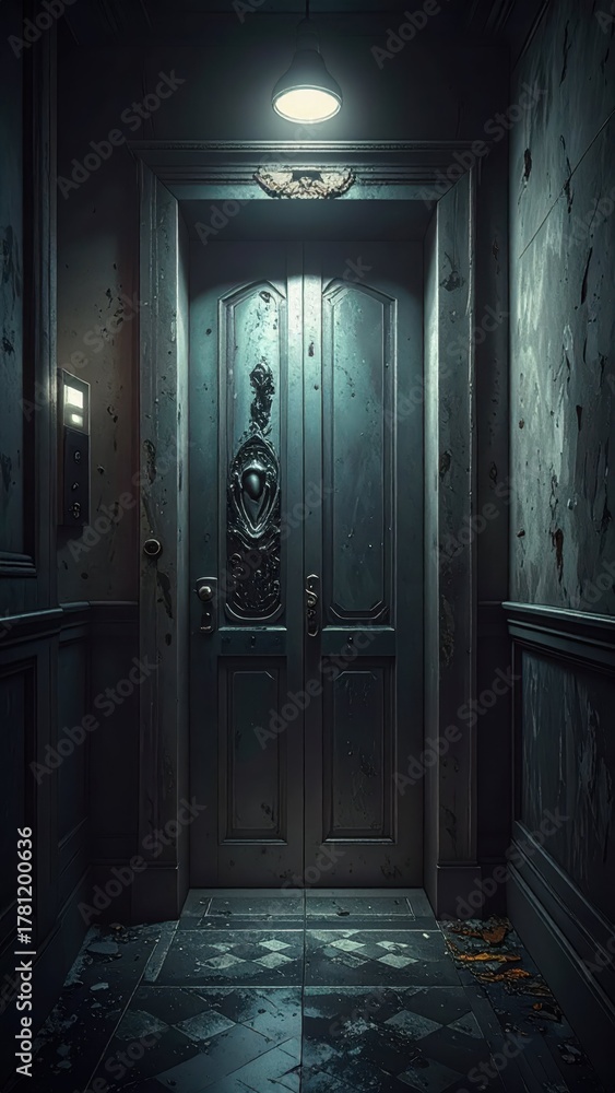 Obraz premium Old Vintage Door in Dimly Lit Hallway with Worn Wallpaper and Floor