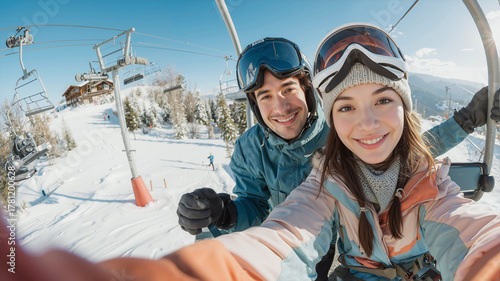 Happy young couple taking smiling selfie on chairlift. Snowboarding winter sport, active vacation, lifestyle