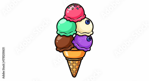 Colorful scoops of ice cream on a cone.