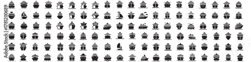set of Cruise ship solid icon, ocean concept, Marine sail boat sign, sea cruise liner icon. Vector Black silhouettes. with white background