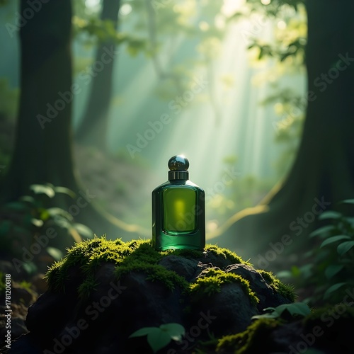 A deep-green perfume glass bottle, nestled within a mysterious forest setting.