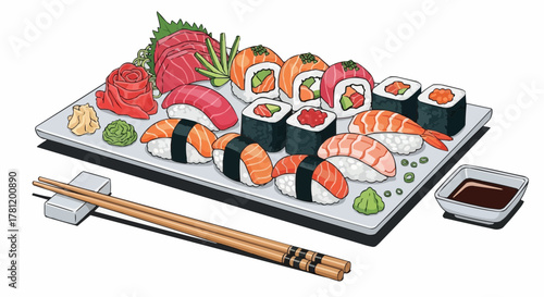 Sushi platter with chopsticks and sauce.