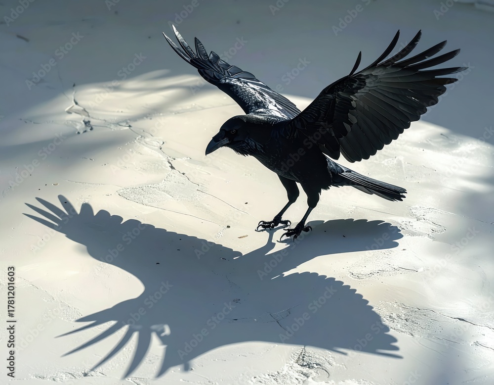 Naklejka premium Majestic Black Bird with Outstretched Wings Casting Dramatic Shadow