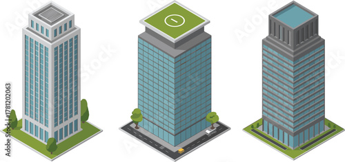 Isometric modern skyscraper set, urban high rise buildings with helipad and glass facade, 3D city architecture design, business district illustration