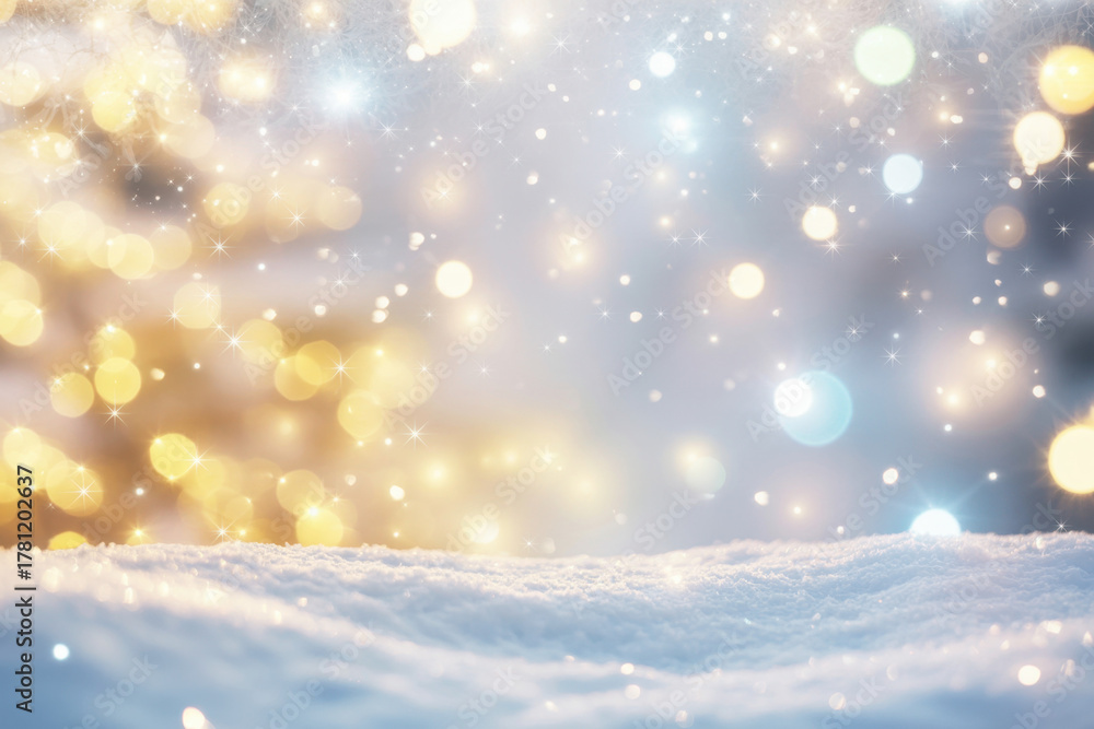 Fototapeta premium Snowy landscape with blurred bokeh lights a winter wonderland scene perfect for holiday backgrounds and seasonal promotions