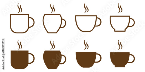 Coffee and Tea Cup Icons. Minimal Line Style, Barista Drink Vector Set. Coffee icon line design.