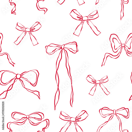Seamless pattern of hand-drawn linear style red bows. Coquette and elegant ribbon bows of various types. Vector pattern with quirky bow knots for valentine's day, wedding cards and invitations.