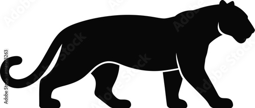 A striking black silhouette of a powerful jaguar in a dynamic pose showcasing its sleek form and predatory grace isolated on white background