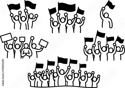 Crowd of protesters holding flags and signs concept illustration white background
