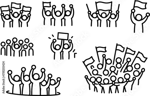 Crowd of protesters outline vector illustration gathering with signs and flags